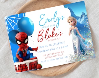 Superhero Princess Joint Birthday Invitation: Sibling Party (Digital)