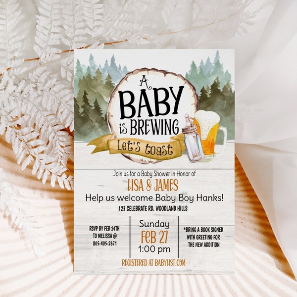 Editable, A Baby is Brewing, Woodland Baby Shower, Woodland baby, Co-ed Baby shower, Gender Neutral, Beer and Bottle, Baby Shower invite