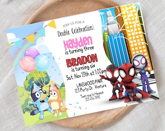 Superhero & Dog Joint Birthday Invitation: Sibling Party (Digital, Editable)