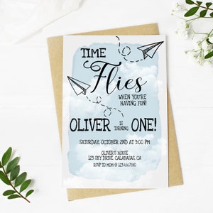 Time Flies Invitation, Any Age, Birthday invite, Digital download, Vintage Airplane, Airplane theme, Boy Party, Paper Airplane Invitation