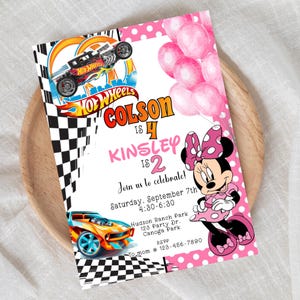 Anniversaire commun, voiture de course, invitation de souris, invitation de frères et sœurs, invitation de jumeaux, fête entre frères et sœurs, tout âge, numérique, double anniversaire, modifiable,