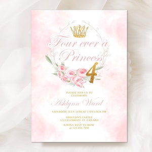 EDITABLE, 4 Ever a Princess, 4th Birthday, Four, Princess Birthday, Crown, Princess Party, Fairytale Birthday, Pink and Gold, Printable