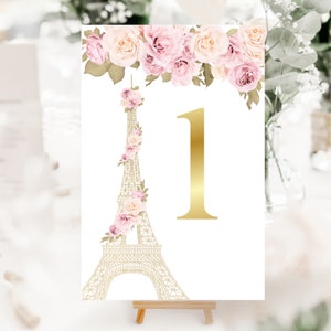 oh Lala, Numeri da tavolo, Numeri da tavolo floreali, Blush e oro, Carte da tavolo da sposa, Torre Eiffel, Tavolo elegante, Parigi, Tema francese