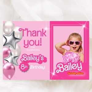 Obrigado, Editável, Festa de menina, Rosa, Boneca, Convite de aniversário de menina, Boneca de brinquedo, Qualquer idade, Cartão de agradecimento, Digital, Caixa de boneca, Aniversário de menina