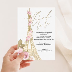 Invitación para despedida de soltera en París: Torre Eiffel, diseño floral (EDITABLE)