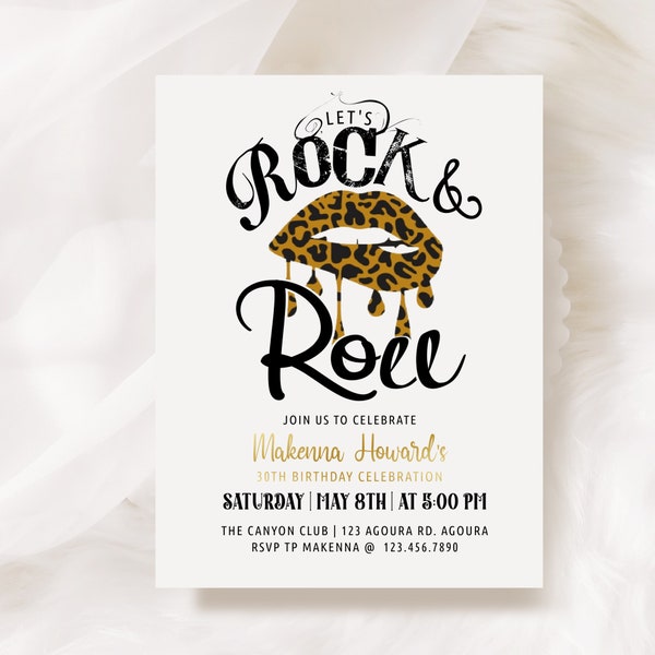 EDITABLE, Rock and Roll Party, Rock & Roll, Rock Party, Any Age, Lips, Let's Party, Rock Star, Cheetah, Digital Invitation, Birthday invite