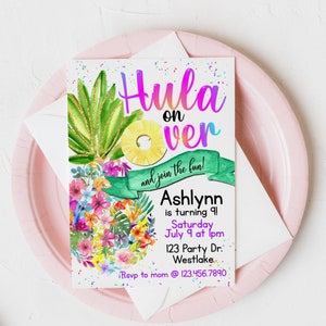 EDITABLE, Hula on over, Any Age, Watercolor, Digital Download, Girl's Party, Luau, Pineapple Birthday, Hawaiian Invitation, Summer Birthday