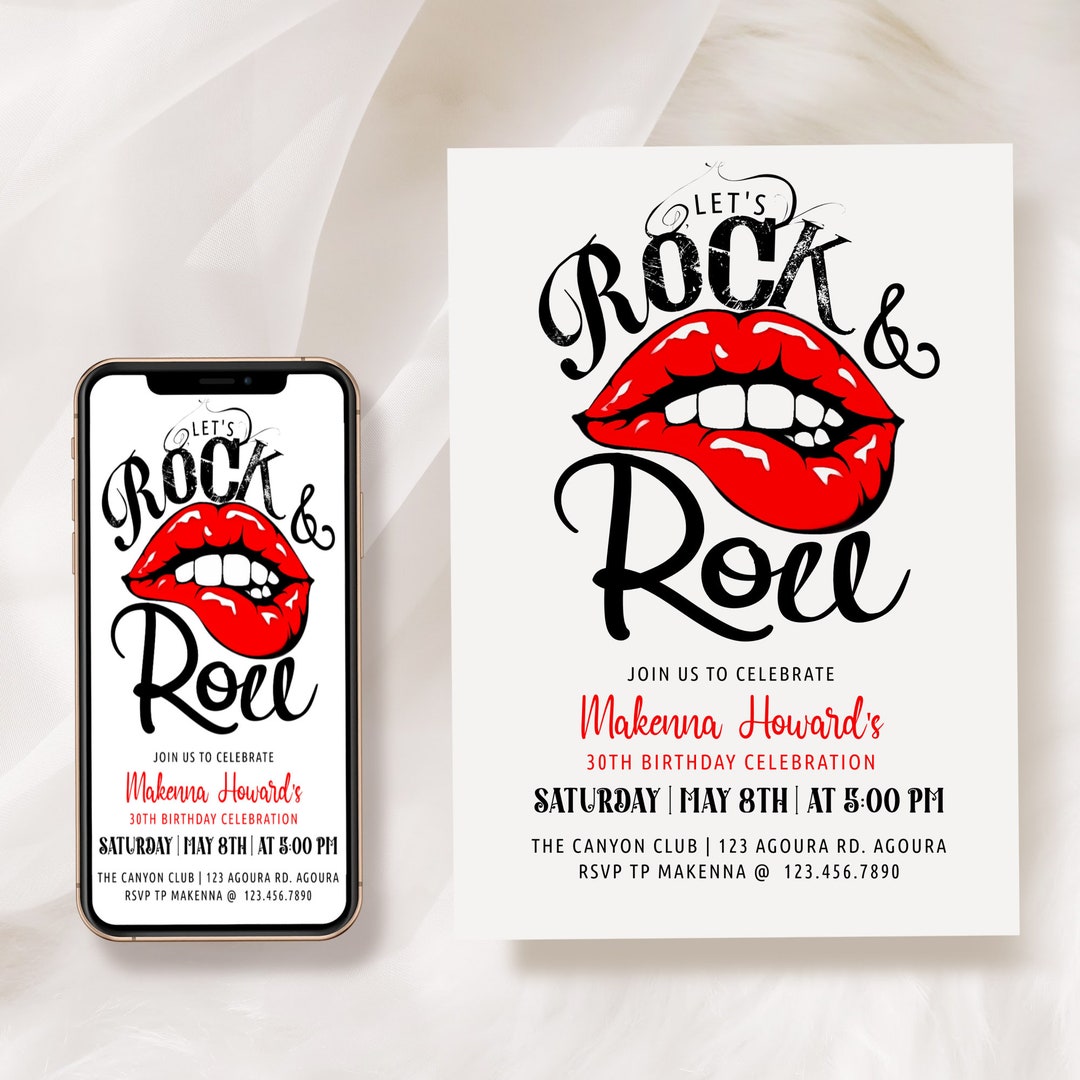 EDITABLE, Rock and Roll Party, Rock &amp; Roll, Rock Party, Any Age, Lips ...
