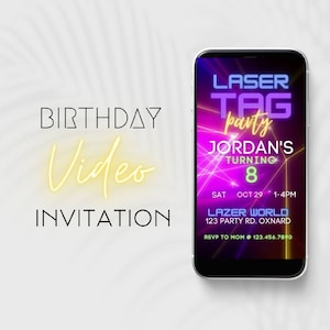 Personalizzato, invito video di compleanno, invito video digitale, qualsiasi età, invito animato, compleanno laser tag, neon, luminoso, gioco acceso, laser tag