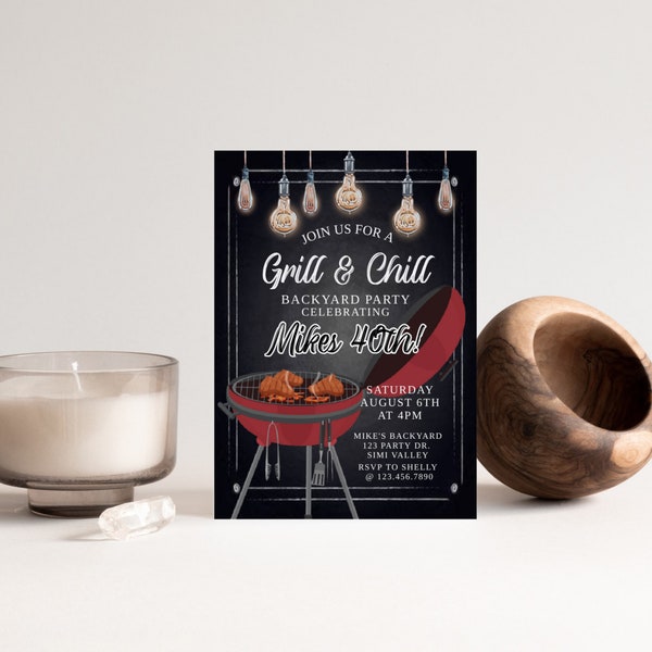 BBQ Birthday Invitation, Backyard Party, Any Age, Adult Birthday Invite, 30th, 40th, 50th, 60th, Grill'n and Chill'n, Barbeque Invitation,