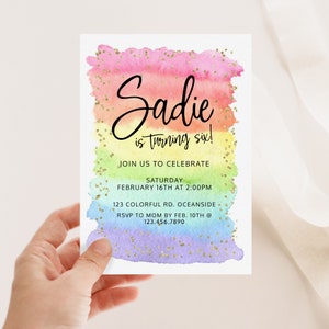 EDITABLE, Rainbow Birthday Invitation, Any Age, Watercolor, Rainbow Party, Digital Download, Colorful Rainbow Girl's Party, Glitter party