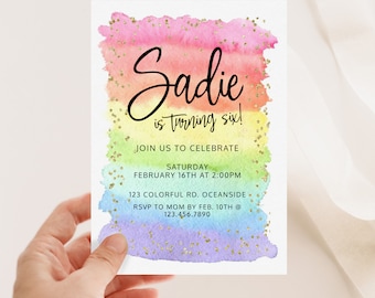 MODIFIABLE, Invitation d'anniversaire arc-en-ciel, Tout âge, Aquarelle, Fête de l'arc-en-ciel, Téléchargement numérique, Fête de la fille arc-en-ciel colorée, Fête des paillettes