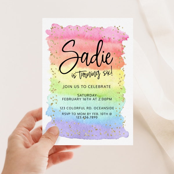 EDITIERBARE, Regenbogen-Geburtstags-Einladung, jedes Alter, Aquarell, Regenbogen-Party, digitaler Download, bunte Regenbogen-Mädchen-Party, Glitzer-Party