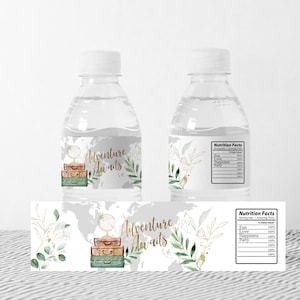 EDITABLE, Etiquetas para botellas de agua, Tema de aventura, La aventura te espera, Mapa, Etiquetas de viaje, Fiesta de aventura, Viajes, Mundo, La aventura comienza