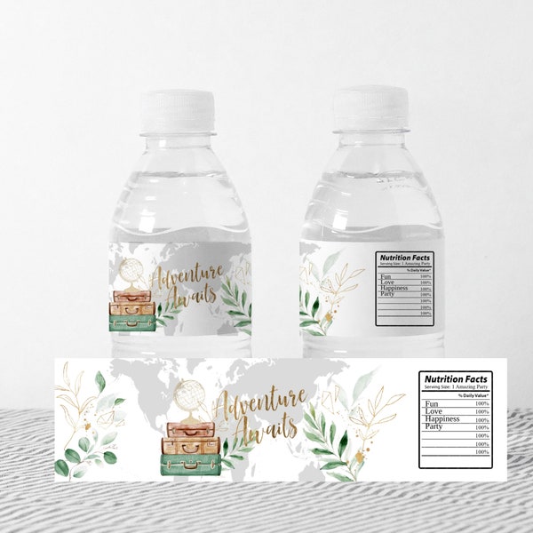 EDITABLE, Water bottle labels, Adventure theme, Adventure Awaits, Map, Travel Labels, Adventure party, Travel, World, Adventure Begins