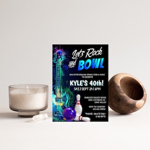BEWERKBAAR, Bowling Party, Rock and Bowl Party, Rock & Roll, Rock Party, elke leeftijd, Let's Party, Rock Star, Digitale Uitnodiging, Verjaardagsuitnodiging
