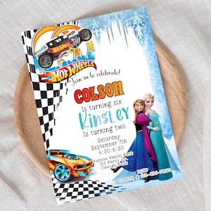Race Car Princess Joint Birthday Invitation: Sibling Party (Digital, Editable)
