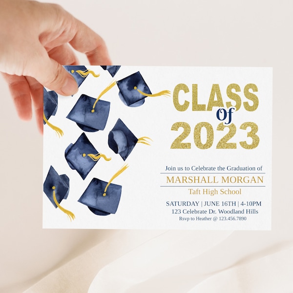 EDITABLE, Graduation Party Invitation, Class of 2023 Graduation Ceremony Invitation, Gold, Graduation Cap, She did it,  Senior Grad