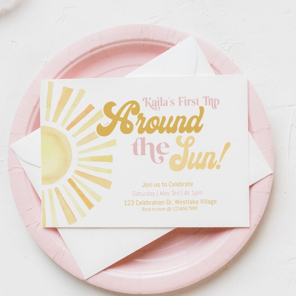 EDITABLE, First trip around the sun, First Birthday, Sun, One, Retro, Bohemian, INSTANT DOWNLOAD, Boho sun  Invite, Sunshine 1st Birthday