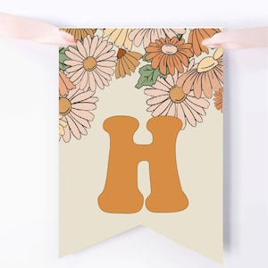 Bewerkbare retro madeliefje-verjaardagsbanner: hippiefeestdecor (pdf)