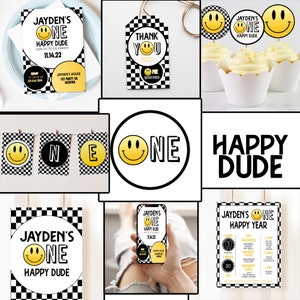 EDITABLE, ONE happy dude, Smiley Face 1st Birthday, First Birthday, One, 1st Birthday Invitation, Boy Birthday, Checkered Invite, BUNDLE