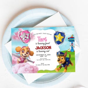 Paw Patrol Joint Birthday Invitation: Sibling Puppy Party (Digital)