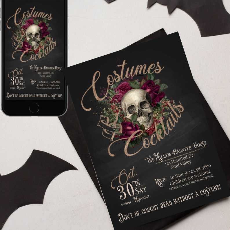 Halloween, Adult Halloween, Costume Party, Skull, Costumes and Cocktails Invitation, Gothic Halloween Party, Instant Download, Editable 