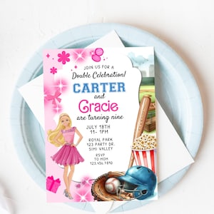 Joint Baseball & Doll Birthday Invitation: Sibling Party, Any Age (Digital Download)
