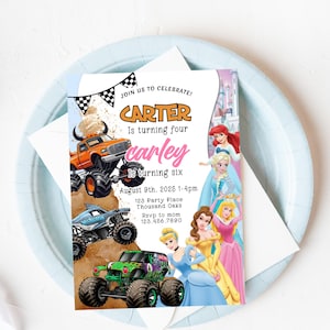 Race Car Princess Joint Birthday Invitation: Sibling Party, Editable (Digital Download)