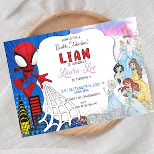 Superhero Princess Joint Birthday Invitation: Sibling Party (Digital)