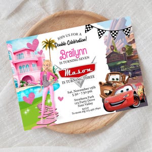 Anniversaire commun, invitation de poupée, invitation de frères et sœurs, invitation de jumeaux, fête de frères et sœurs, tout âge, numérique, double anniversaire, invitation de voiture, fête de voiture,