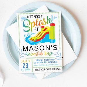 EDITABLE,  Waterslide Birthday, Let's make a Splash, Summer party, Water Slide Bash, Pool Party, Park Birthday,  Splash Pad Invitation