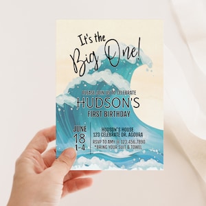 EDITABLE,  The Big One, Surfing Birthday, Surf's Up, Surfing Party, Wave, Beach, Surfer Baby, First Birthday, ONE, Invite Template, Digital