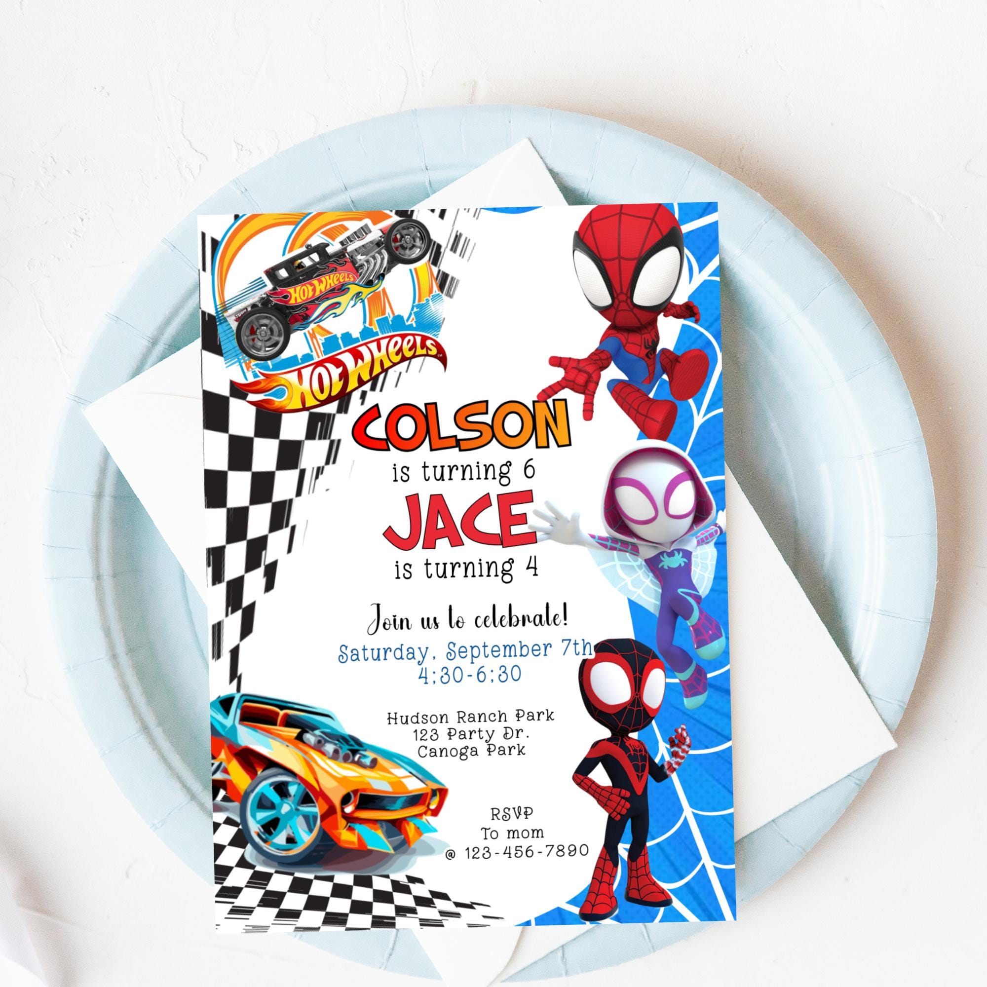 Race Car Spider Birthday Invitation: Sibling Party (Digital, Editable)