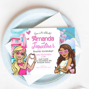 Editable Doll Joint Birthday Invitation: Sibling Party (Digital)