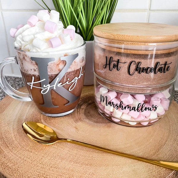 Personalised stacked bamboo jars, stackable storage jars. Hot chocolate storage, Tea, coffee, kitchen storage. Bathroom Storage