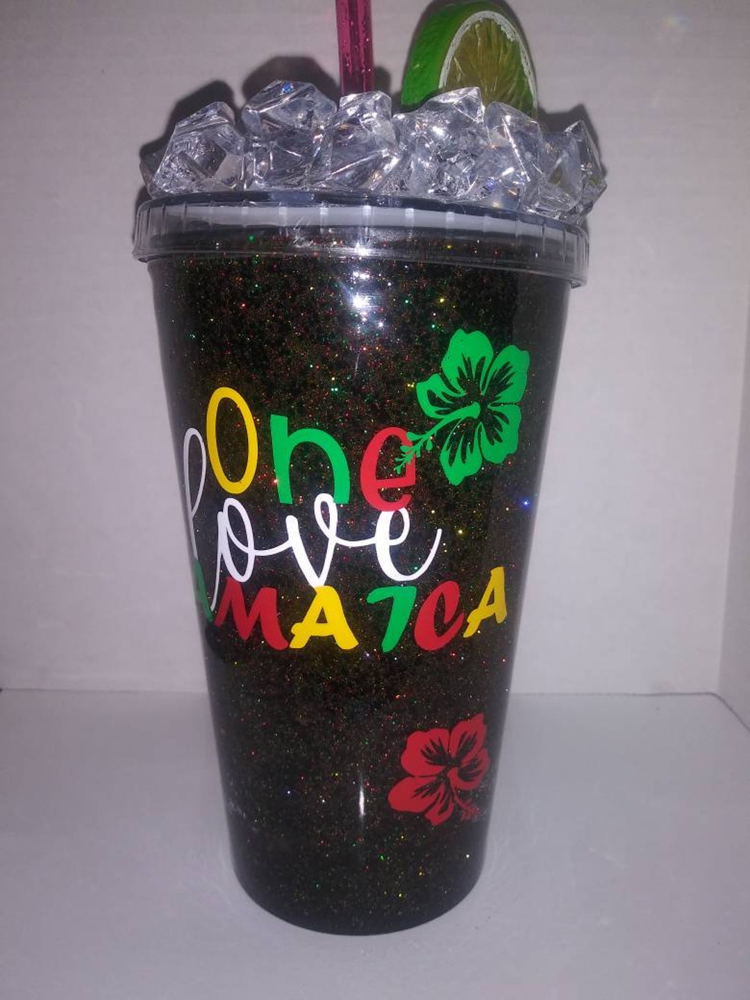 One Love Jamaica, Jamaica, 16 Oz Clears Tumblers W/lid & Straws, Cups