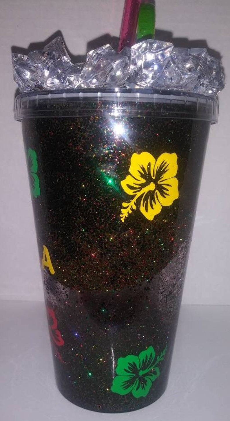One Love Jamaica, Jamaica, 16 Oz Clears Tumblers W/lid & Straws, Cups