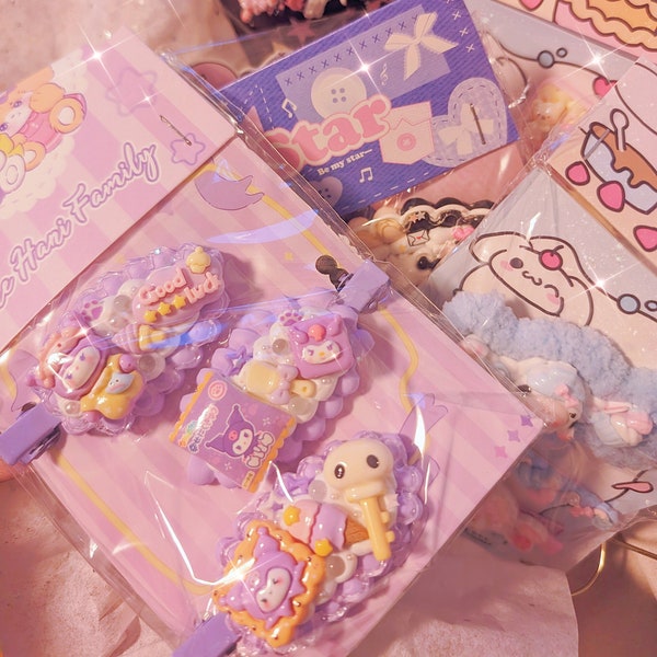 Decoden Haarspangen Pack| Sanrio Kuromi Kitty Cinnamoroll Melodie | Kawaii| Trendiges Spiel| Creme Deco