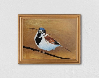 Tableau OISEAUX - Petit tableau - Feuille d'or sur panneau de toile. Décoration murale d'oiseau de 20 x 15 cm (20 x 15 cm) Peinture à l'huile. Unique en son genre.