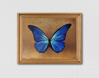 BUTTERFLY Painting - Mini Painting - Gold Leaf On Canvas Panel. Small Painting - 8"x6". Blue Butterfly. Oil painting. Wall Art.