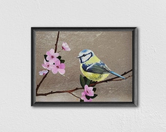 BIRD Painting - Small Painting - Silver Leaf On Canvas Panel.  - 9.5"x7". Bird And Flower. Oil Painting. One Of A Kind.