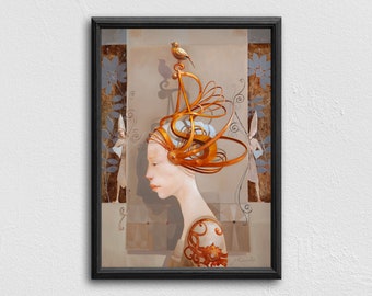 Giclée Print: Woman with Bird, Fine Art Canvas Print by Merab Gagiladze