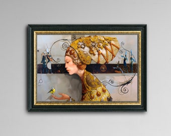 May include: A painting of a woman with a large, ornate, gold and white headpiece. She is wearing a gold and brown dress and holding a small yellow bird in her hand. The background is a light blue and white.