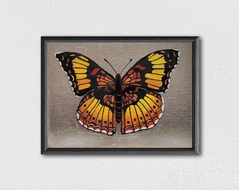 BUTTERFLY Painting - Small Painting - Silver Leaf On Canvas Panel. Mini Painting - 8"x6". Colorful Butterfly. Oil painting. Wall Art.