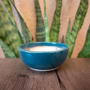 Może przedstawiać: Mała, okrągła ceramiczna miska z błyszczącą, głęboką turkusową powierzchnią zewnętrzną i gładkim, złamany białym wnętrzem. Miska ma prostą, zakrzywioną sylwetkę z czystą krawędzią i jednolitym, nieprzezroczystym wykończeniem na całej zewnętrznej stronie.