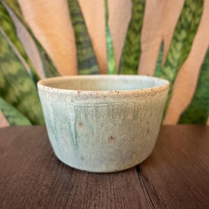 May include: A round ceramic bowl with a light green, speckled glaze and a textured, matte finish. The bowl features subtle vertical drip patterns and a slightly uneven rim, showcasing a natural, earthy appearance with visible brown flecks.
