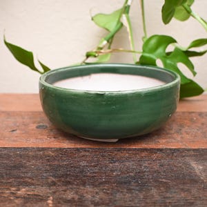 May include: A green ceramic planter with a white interior. The planter is sitting on a wooden surface.