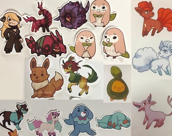 Pokemon Inspired Stickers - Cynthia, Scolipede, Rowlet, Eevee, Keldeo, Luxio, Phanphy, Ponyta, Popplio