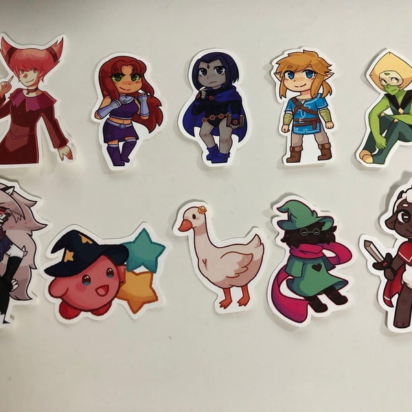 Genshin Impact Ganyu Tartaglia, Helluva Boss, Steven Universe, Teen Titans, Goose, Deltarune, Cult of the Lamb and Kirby Stickers